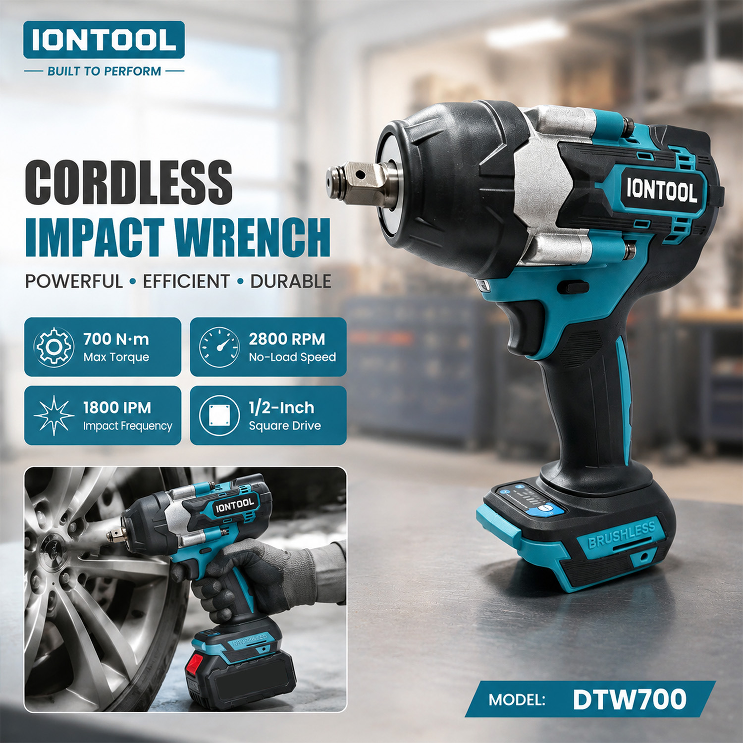 Workshop Tools Engineering - IONTOOL DTW700 滑り止めコードレスインパクトレンチ 1/2インチドライブ ナット解体用 ガレージ、ワークショップ、エンジニアリング設置用電動工具