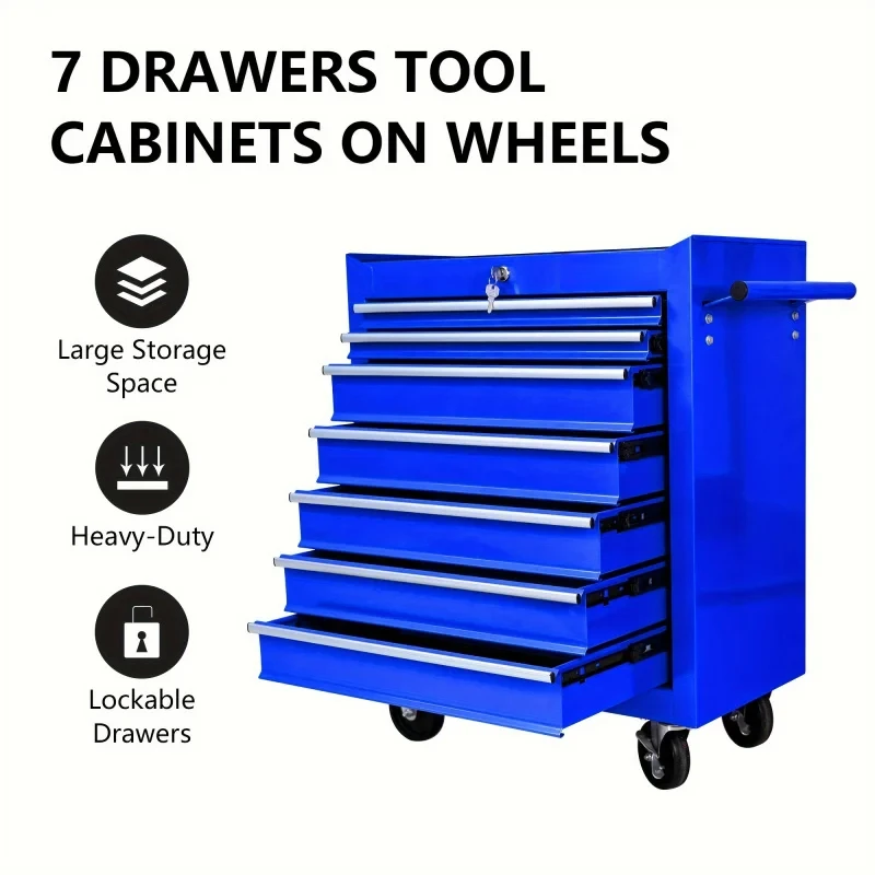 Workshop Tools Automotive - 7段引き出し付きブルー多機能ツールトロリー（車輪付き）、自動車修理用ツールカート、ワークショップ用ハードウェアツールキャビネット