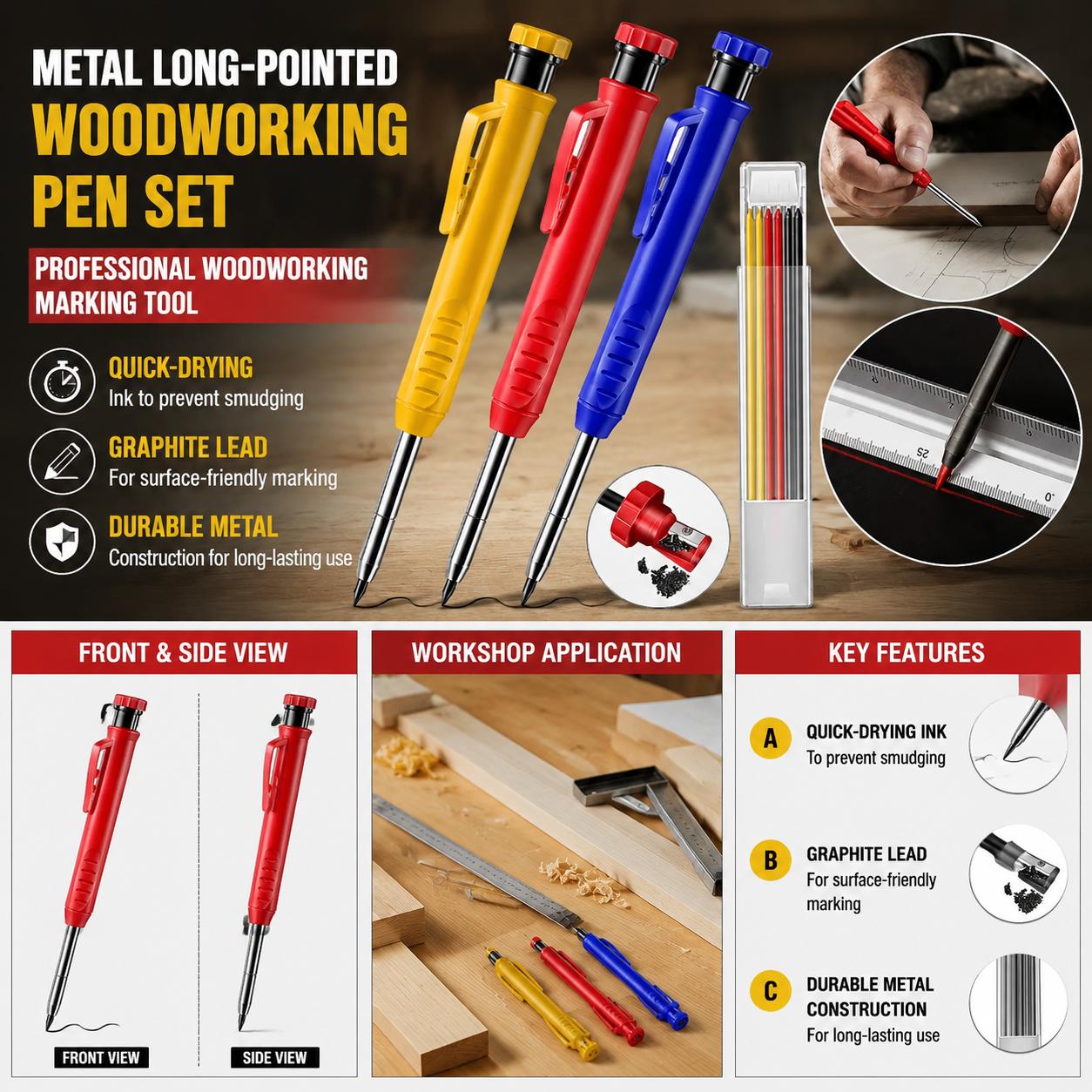 プロ仕様高精度金属製ロングチップメカニカル木工鉛筆速乾グラフ - Workshop Tools Engineering のレビューと価格